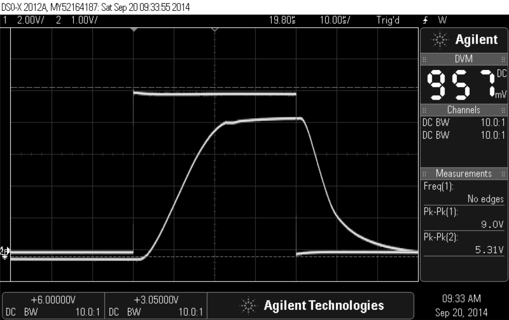 Oscilloscope capture showing a 20 microsecond envelope response