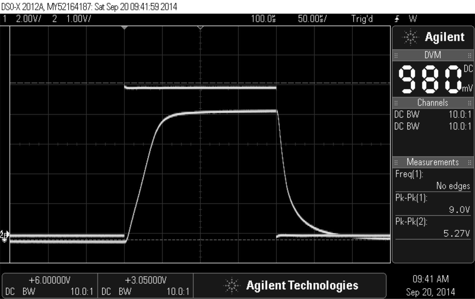 Oscilloscope capture showing a 50 microsecond envelope response